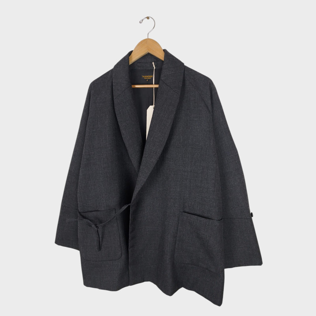 A VONTADE Men's Made in Japan Dark Grey Wool Robe Kimono Coat