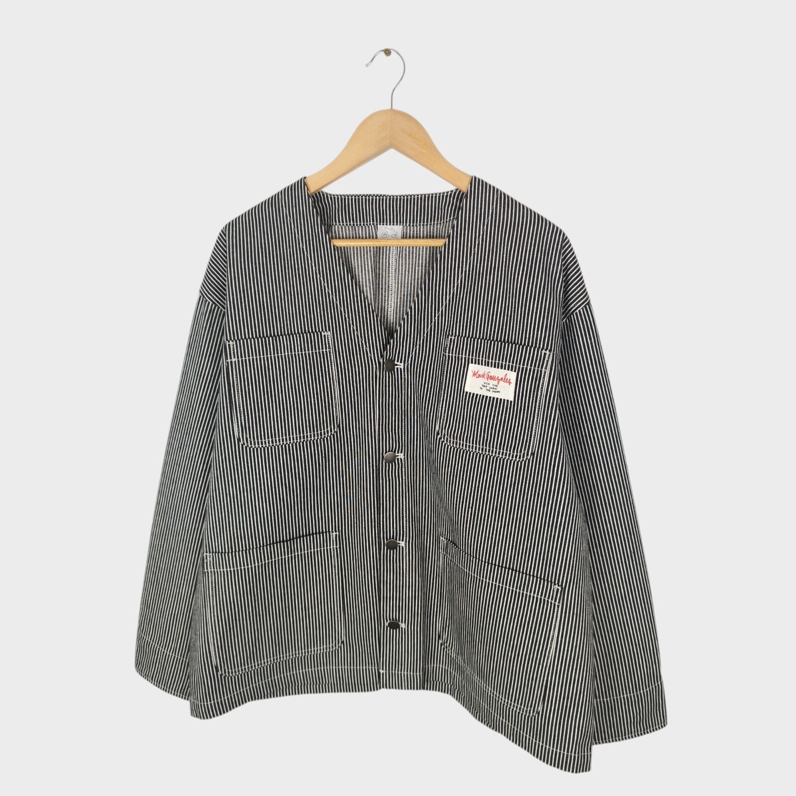 MARK GONZALES Men's Oversized Fit Hickory Stripe V-Neck Engineer Chore Jacket