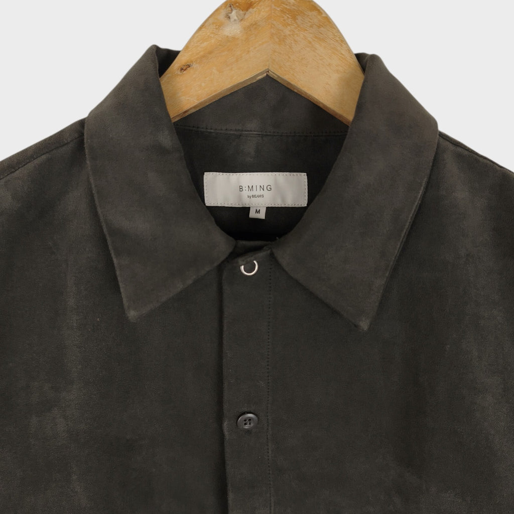 BEAMS B:MING Men's Dark Grey Faux Suede Short Sleeved Shirt