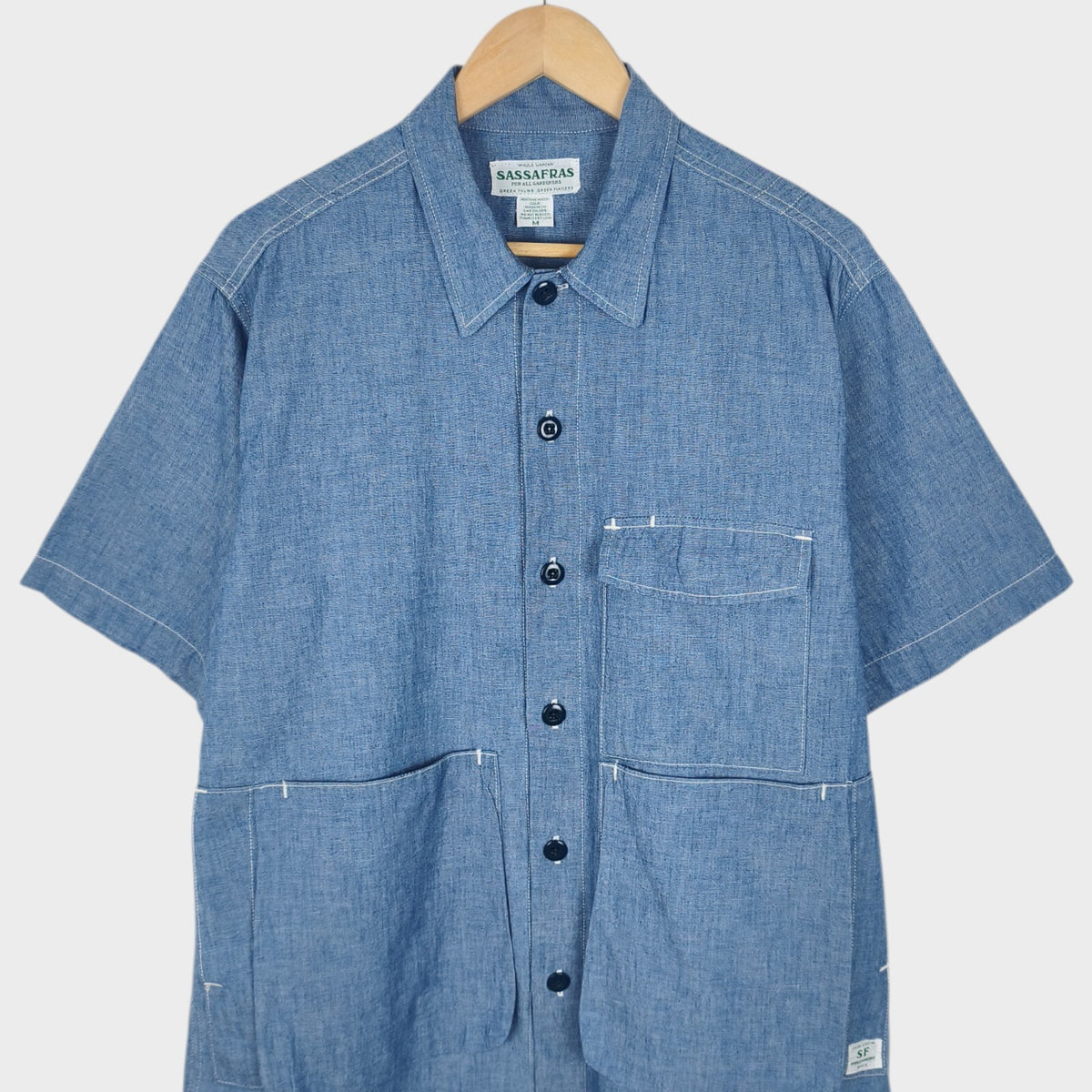 SASSAFRAS Men's Made in Japan Blue 5oz Chambray Digs Crew Half Shirt