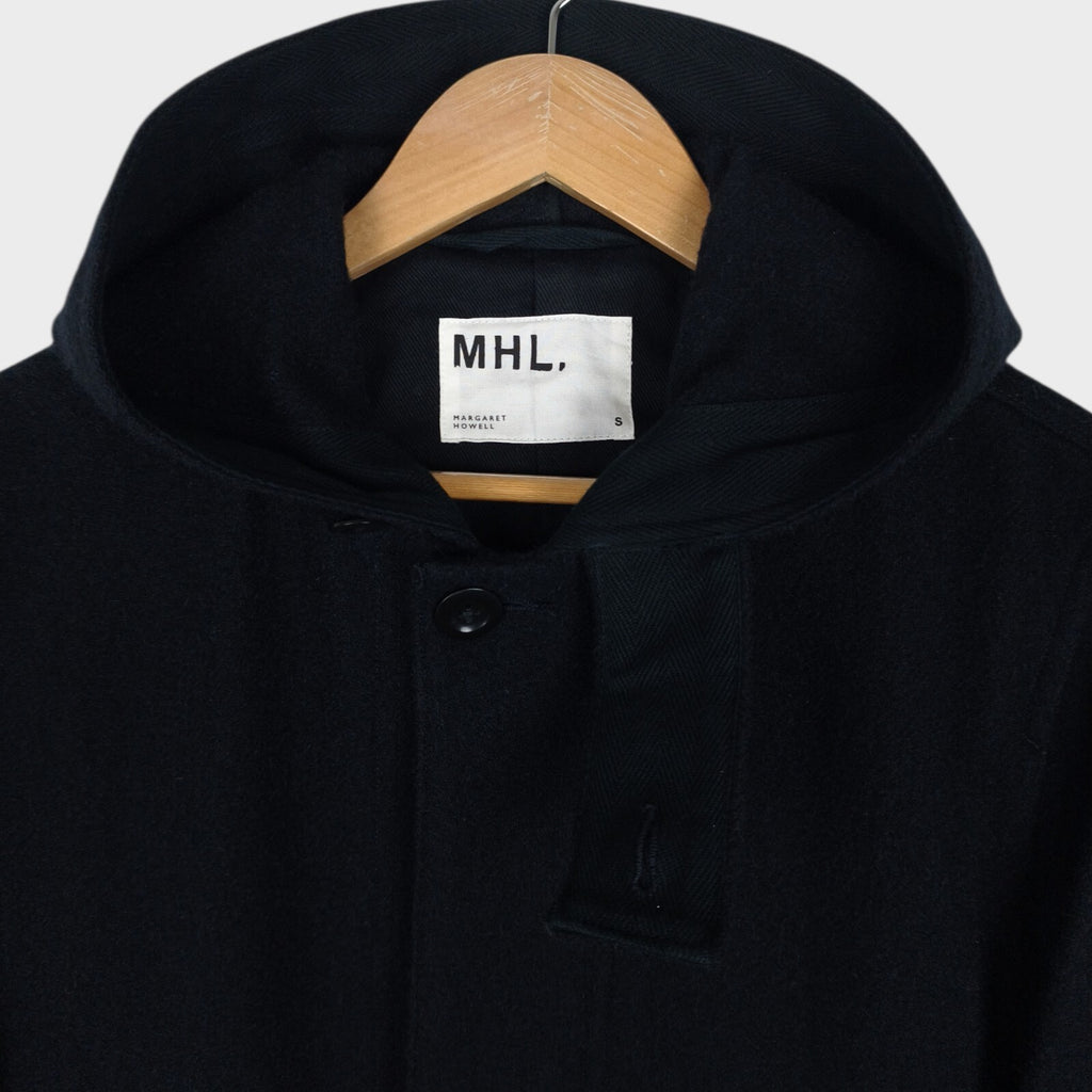 MHL MARGARET HOWELL Men's Dark Navy Blue 100% Wool Hooded Coat