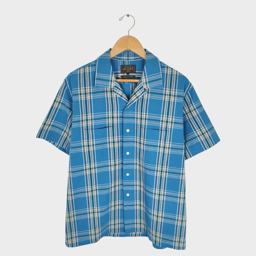 BEAMS PLUS Men's Made in Japan Cotton Checked Camp Collar Shirt