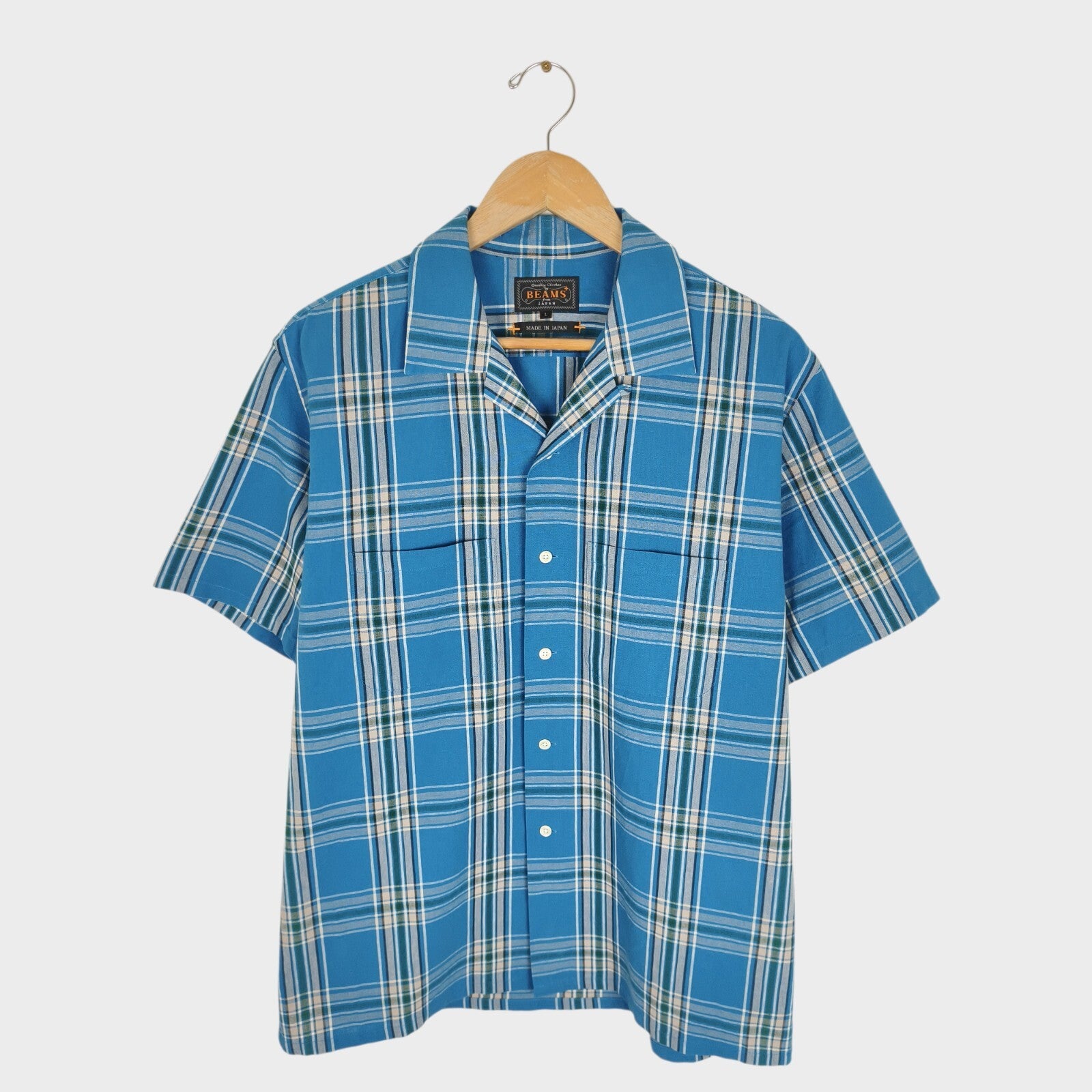 BEAMS PLUS Men's Made in Japan Cotton Checked Camp Collar Shirt