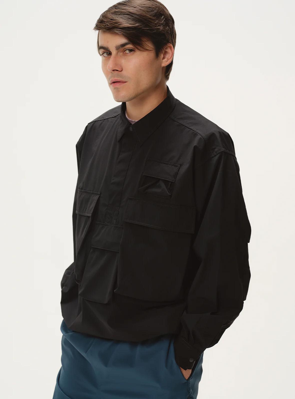 BEAMS Men's Black Oversized Fit Utility Pullover Action Overshirt