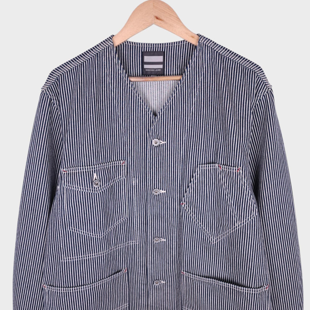 MOMOTARO Men's Made in Japan Hickory Stripe V-Neck Chore Jacket