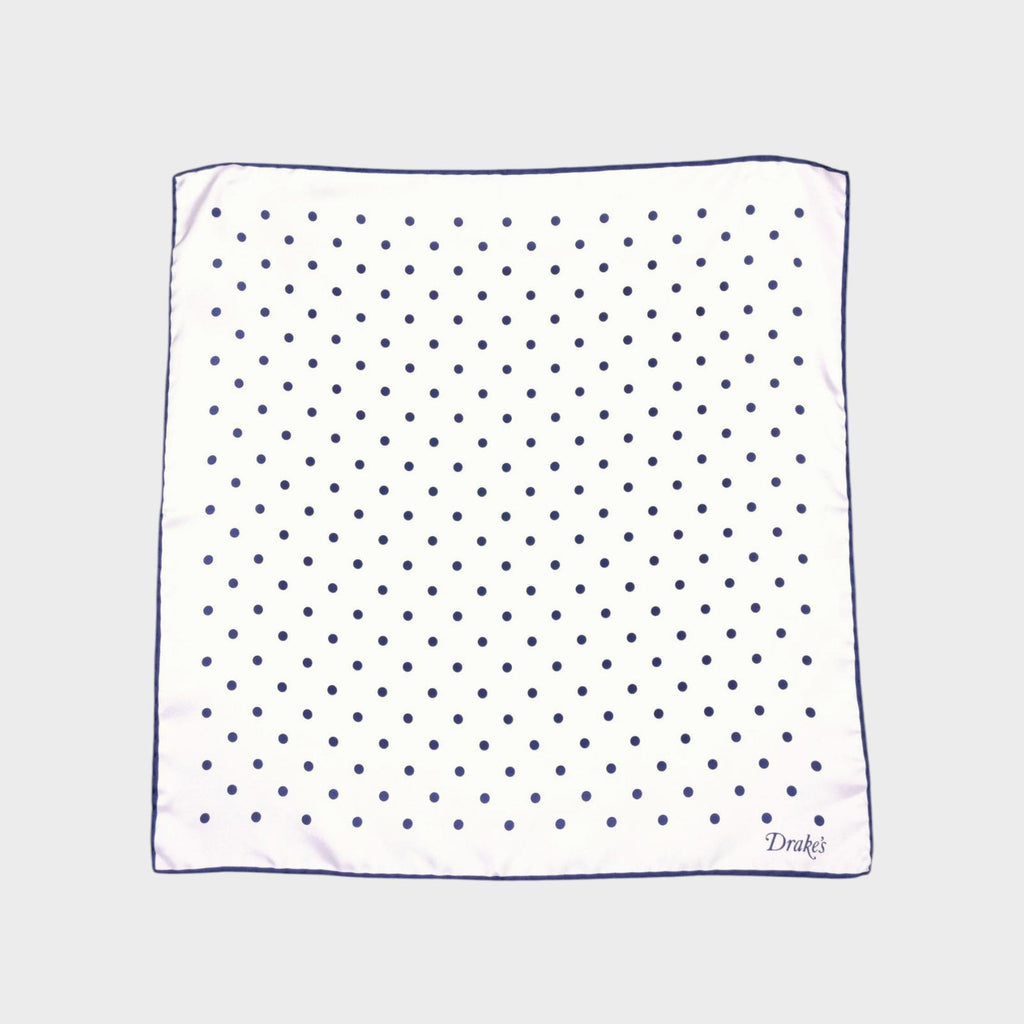DRAKE'S 100% Silk White/Navy Made in Italy Polka Dot Print Pocket Square