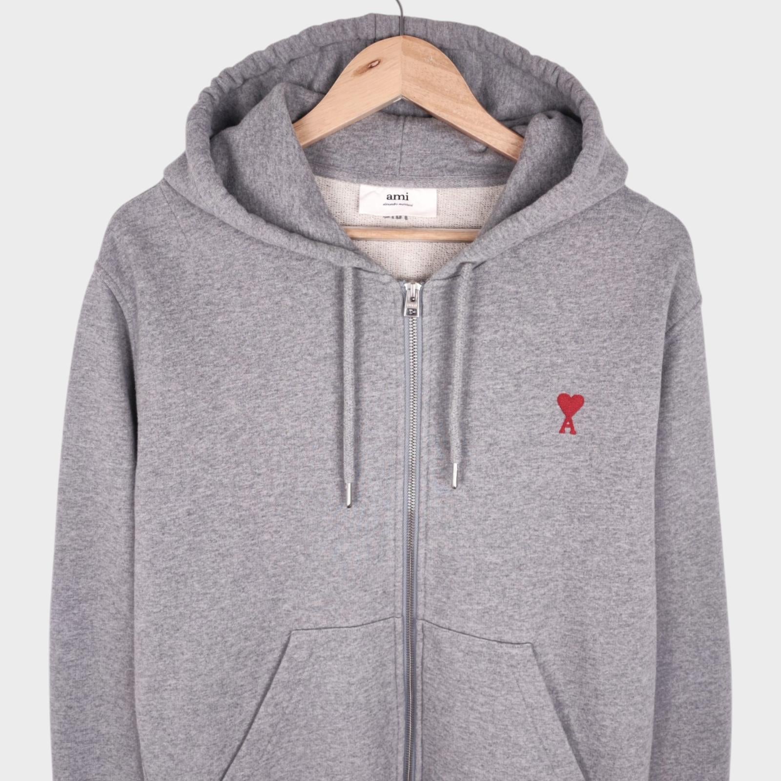 AMI PARIS Men's Grey Embroidered Heart Heavyweight Zip Hoodie