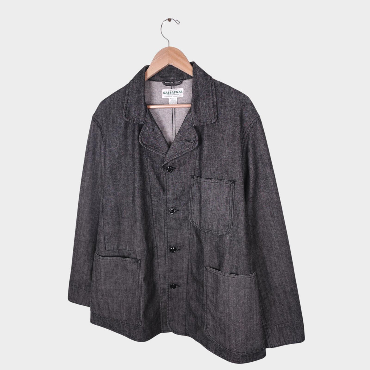 SASSAFRAS Men's Made in Japan Grey Denim Sprayer Chore Jacket