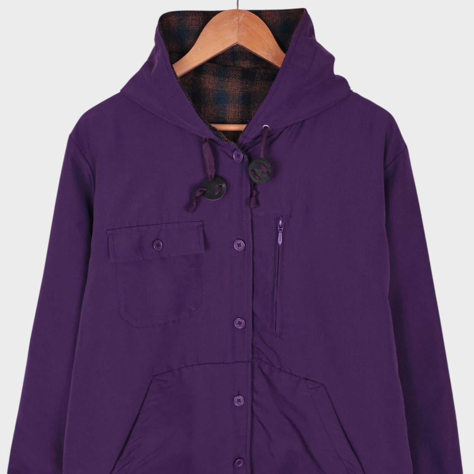 BEAMS PLUS Men's Purple/Checked Reversible Wool Blend Mountain Parka Jacket