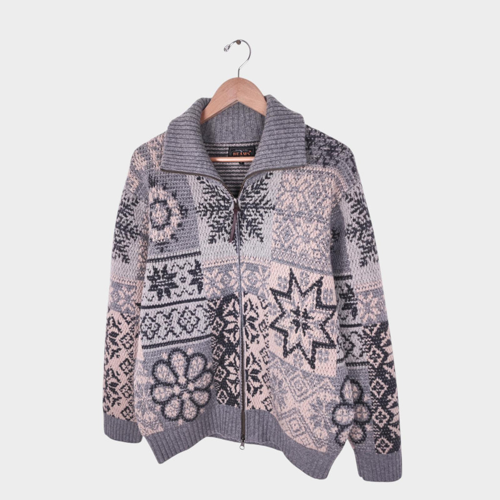 BEAMS PLUS Men's Grey 100% Heavyweight Wool Jacquard Patchwork Jacket