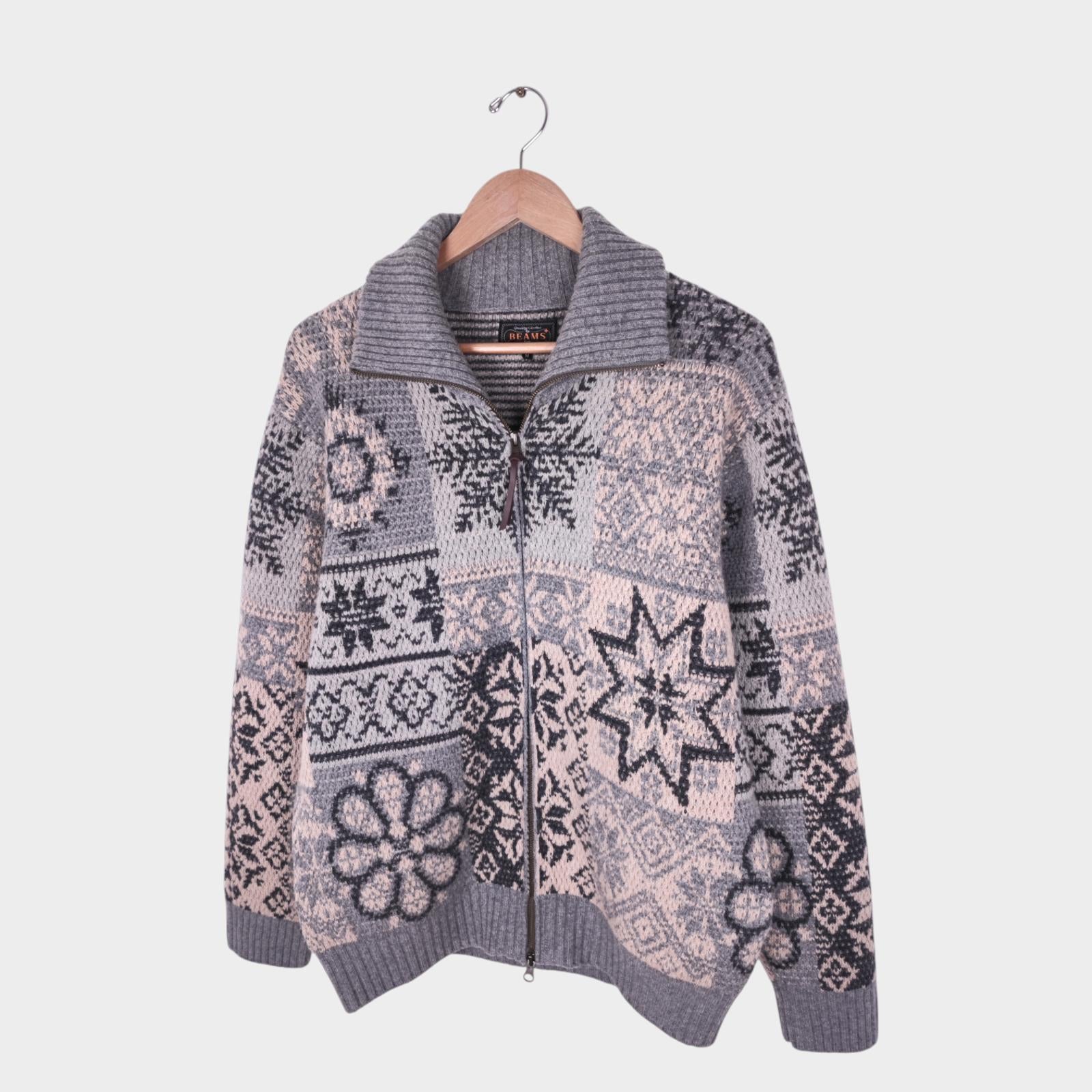 BEAMS PLUS Men's Grey 100% Heavyweight Wool Jacquard Patchwork Jacket