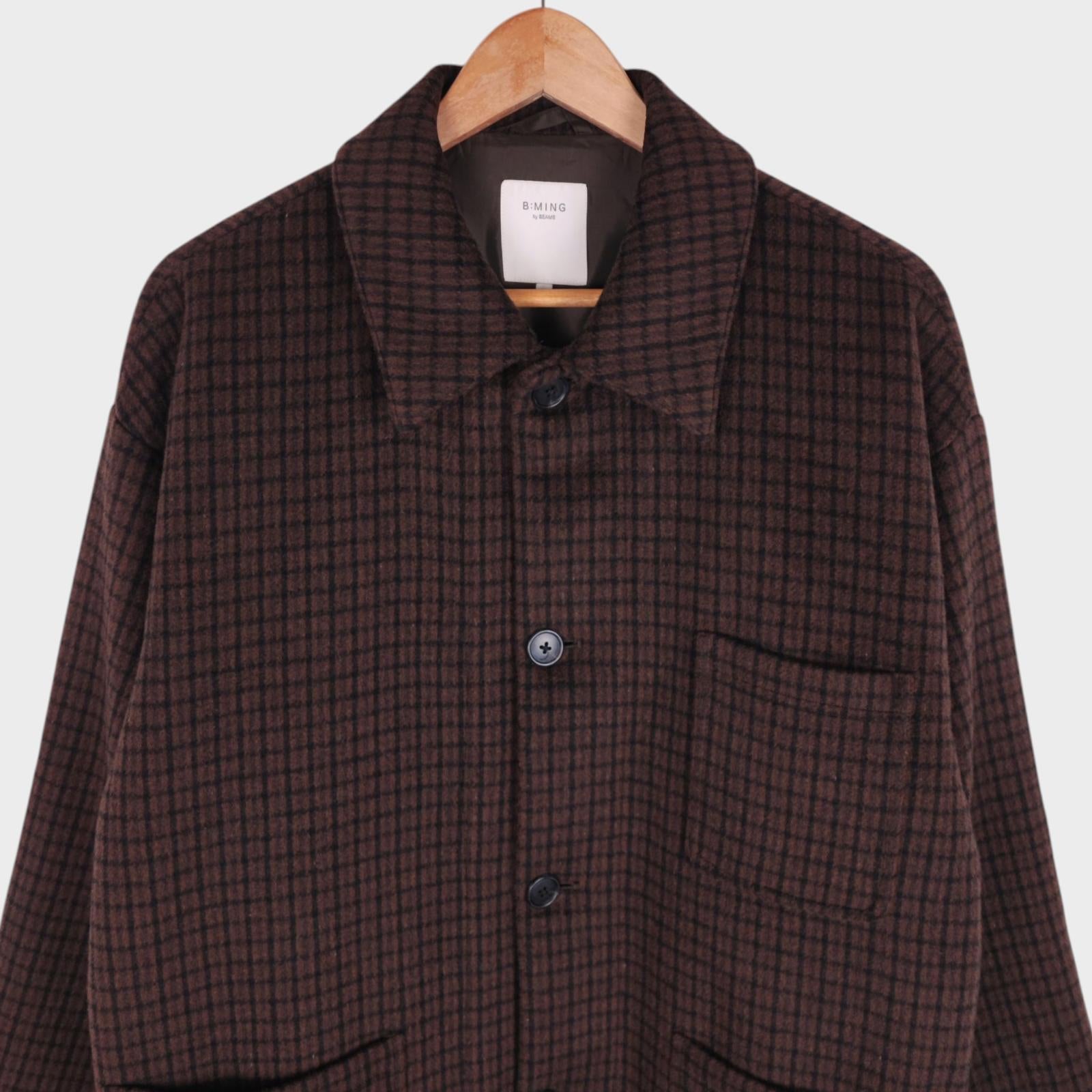 BEAMS B:MING Men's Brown Check Tasmanian Wool Blend Chore Jacket