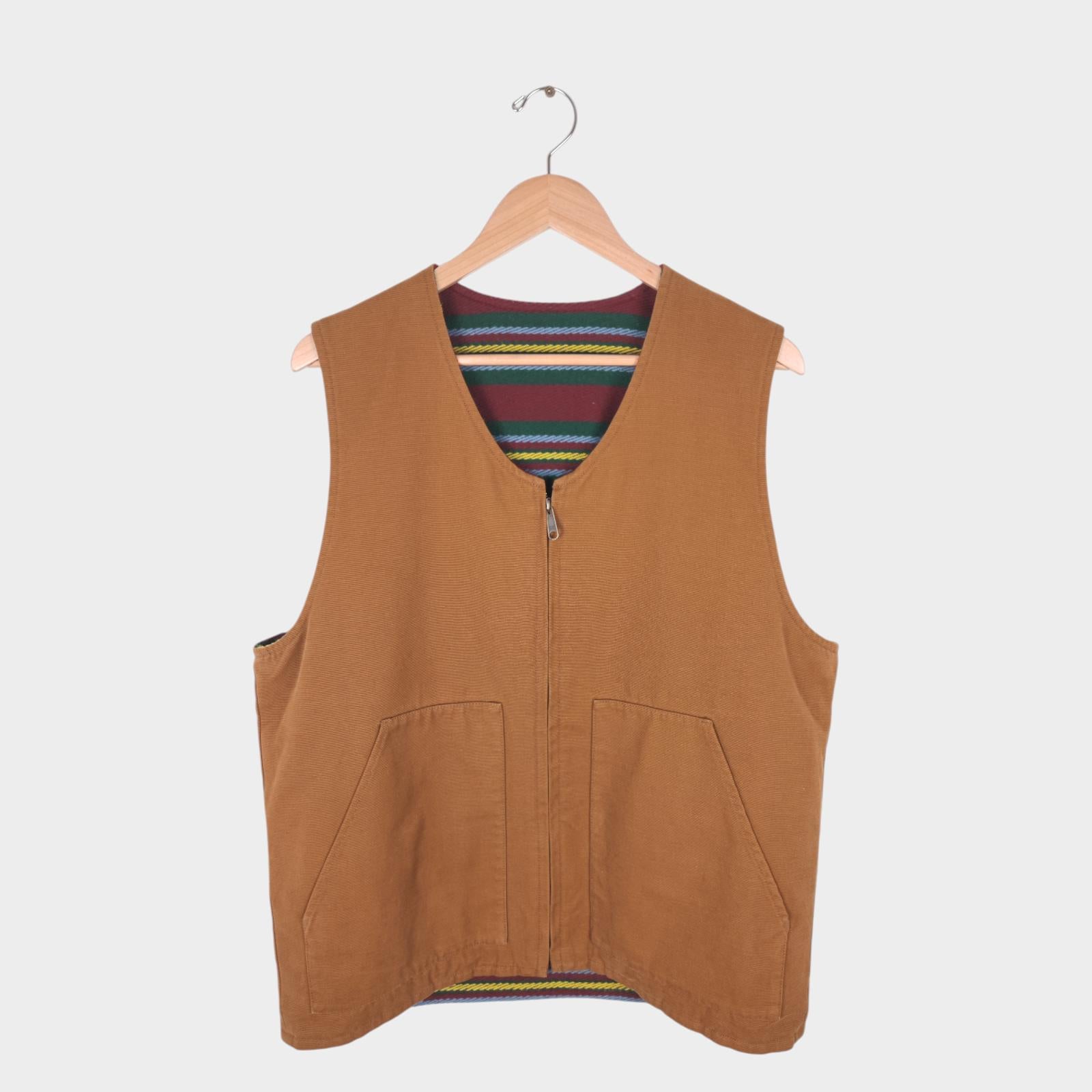 BEAMS PLUS Men's Reversible Duck Cotton/Wool Blend Work Zip Vest Gilet