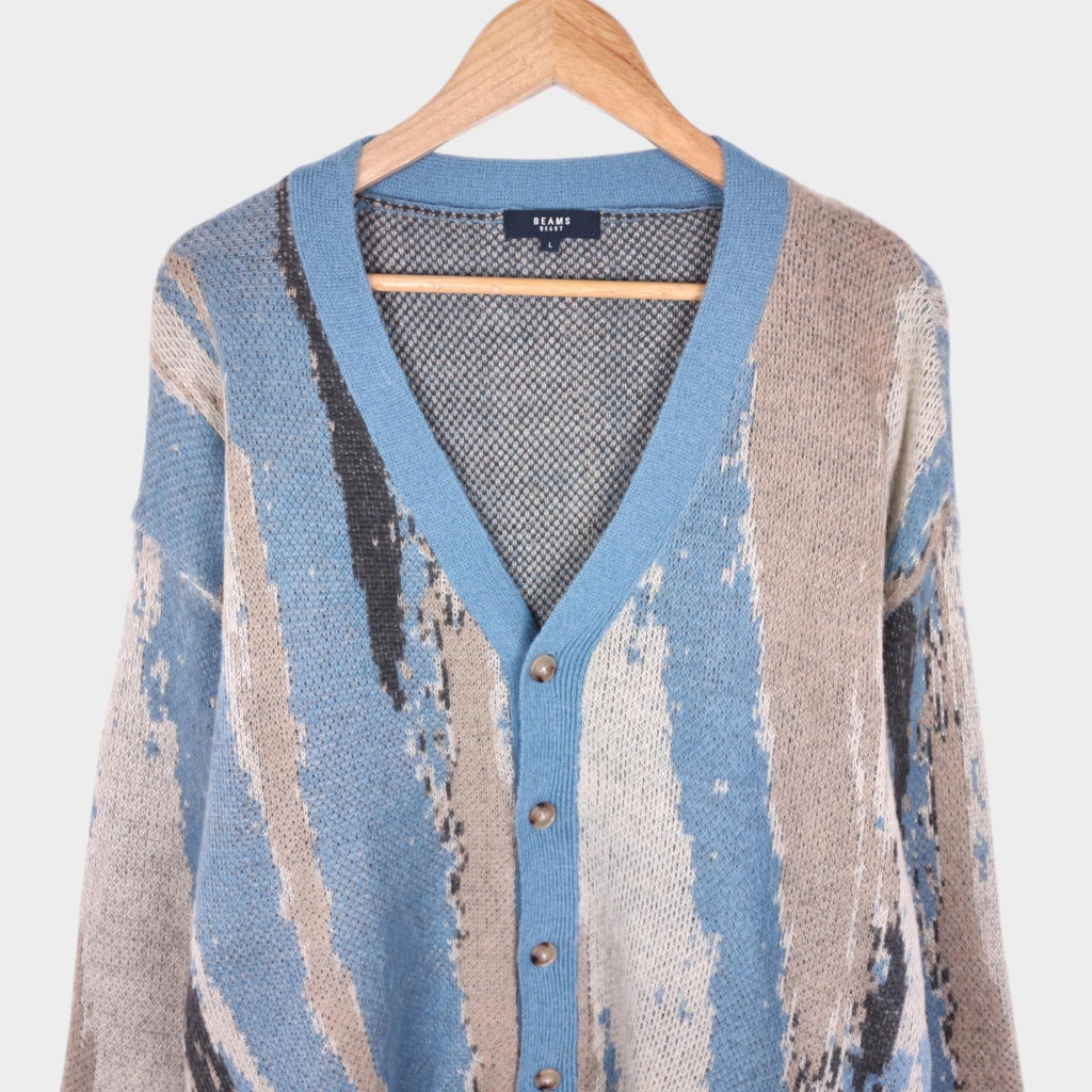BEAMS HEART Men's Blue Marble Jacquard Shaggy Grunge Cardigan