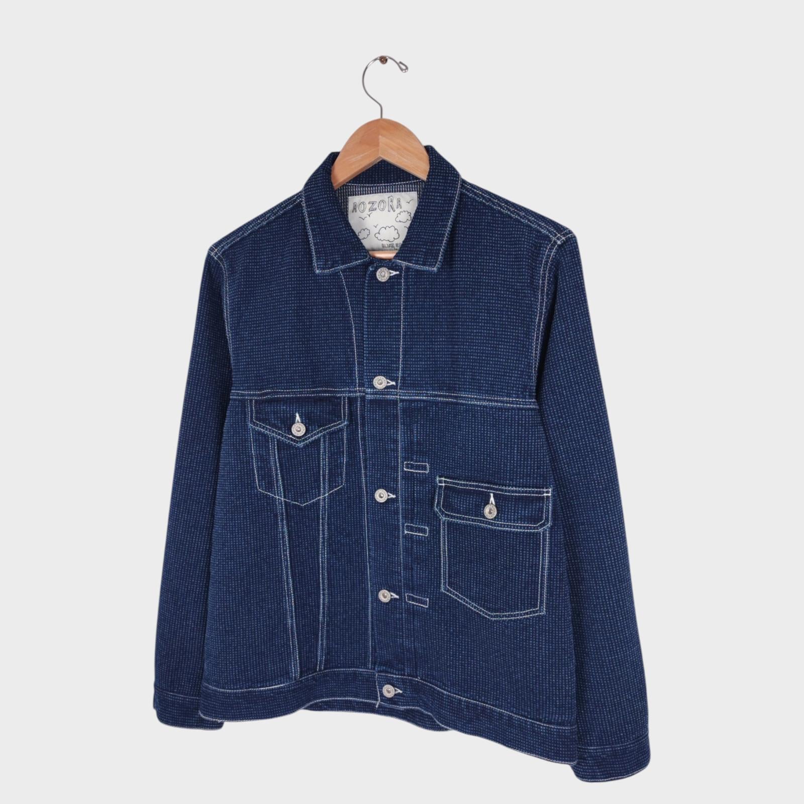 AOZORA BLUE HEAVEN Men's Blue Japanese Sashiko Weave Trucker Jacket