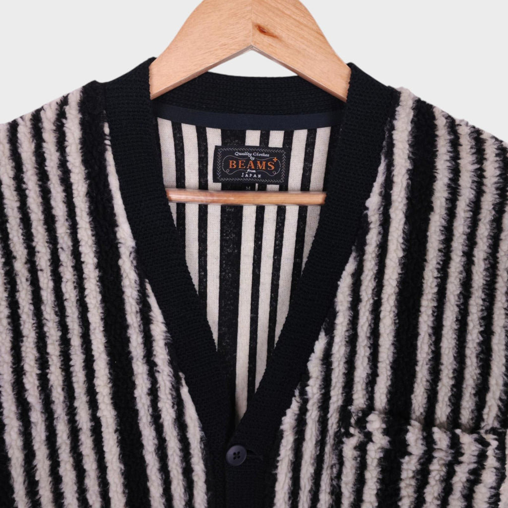 BEAMS PLUS Men's Black & White Striped Fleece Cardigan