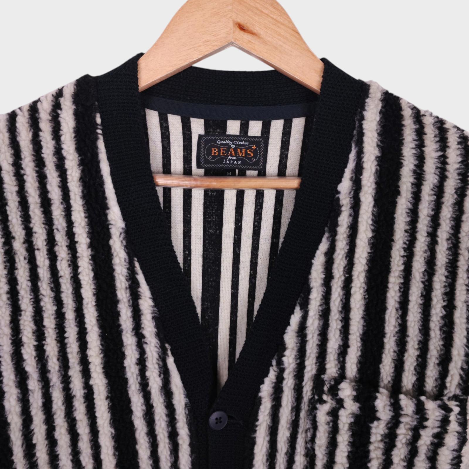 BEAMS PLUS Men's Black & White Striped Fleece Cardigan