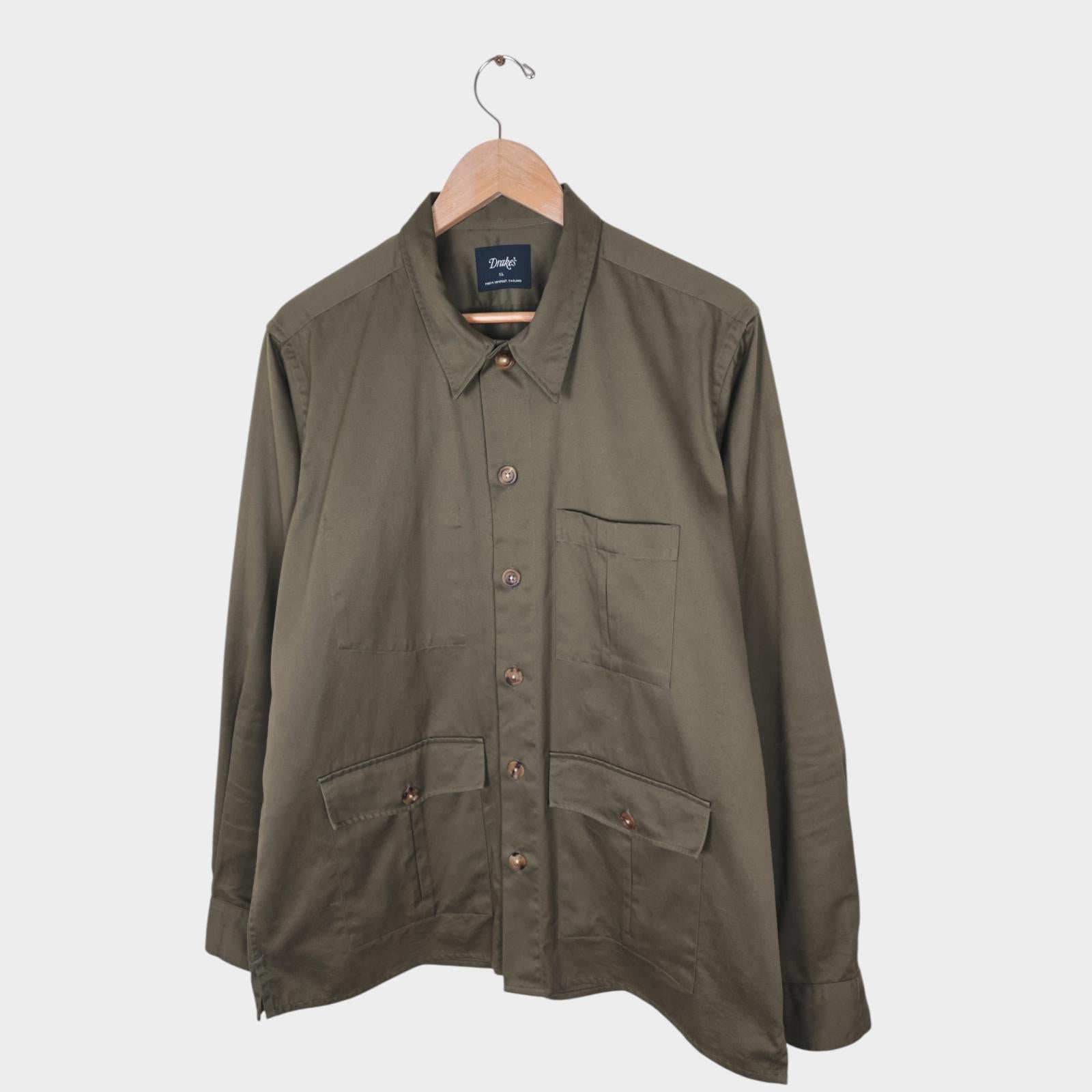 DRAKE'S Men's Khaki Green Made in England Cotton Safari Overshirt Jacket