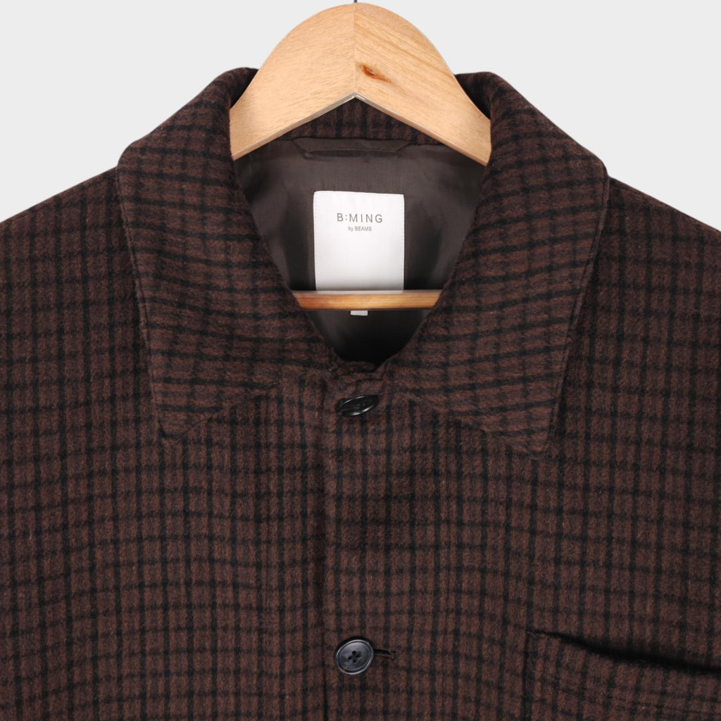 BEAMS B:MING Men's Brown Check Tasmania Wool Blend Chore Jacket