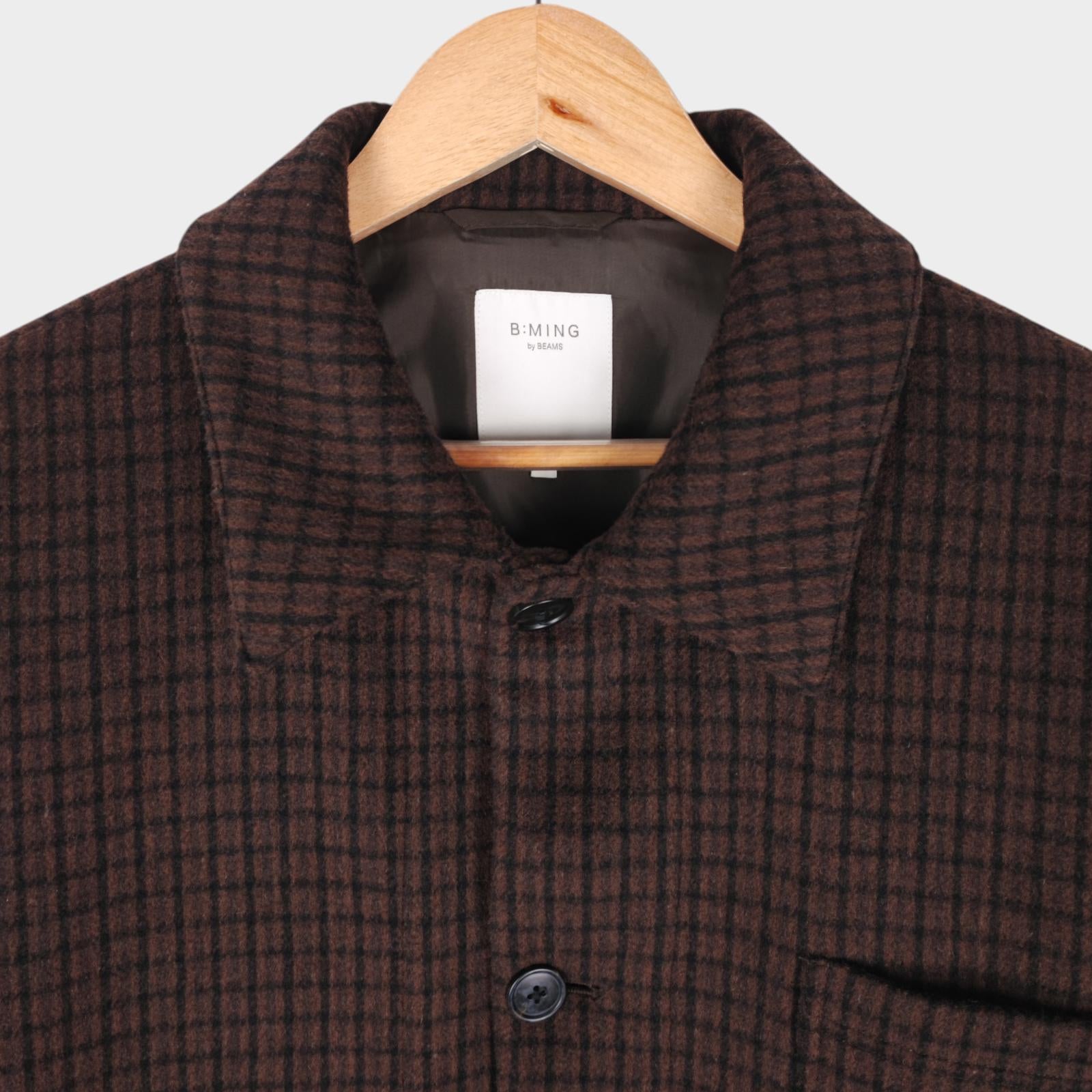BEAMS B:MING Men's Brown Check Tasmania Wool Blend Chore Jacket