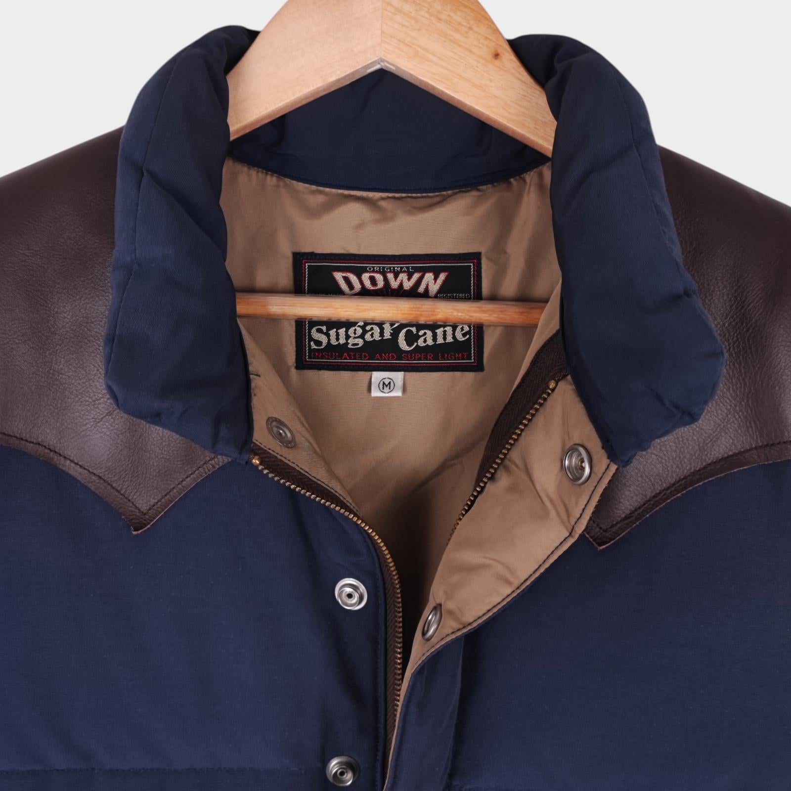 SUGAR CANE Men's Navy Cotton/Nylon Leather Yoke Down Vest Gilet