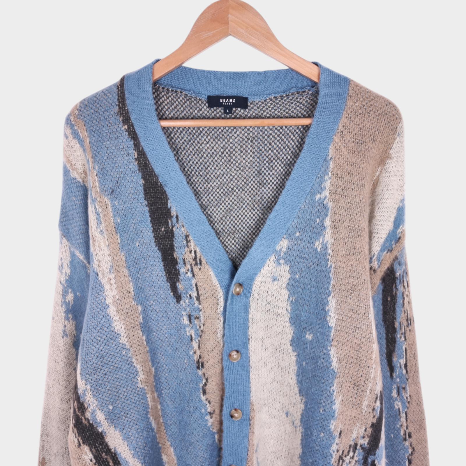 BEAMS HEART Men's Blue Marble Jacquard Shaggy Grunge Cardigan