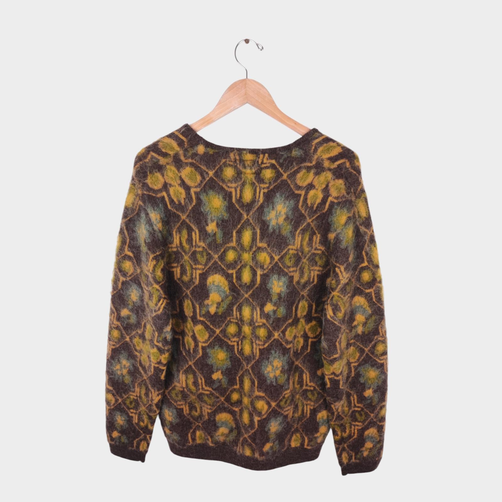 BEAMS PLUS Men's Mohair Blend Shaggy Grunge Botanical Jacquard Cardigan