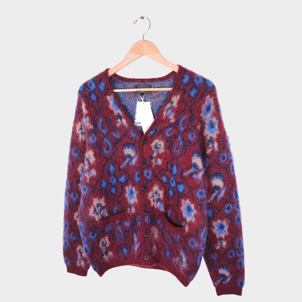 BEAMS PLUS Men's Mohair Blend Shaggy Grunge Botanical Jacquard Cardigan