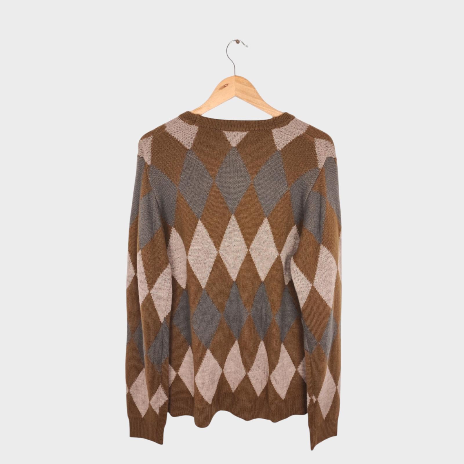 BEAMS HEART Men's Made in Japan Argyle Wool Blend Cardigan