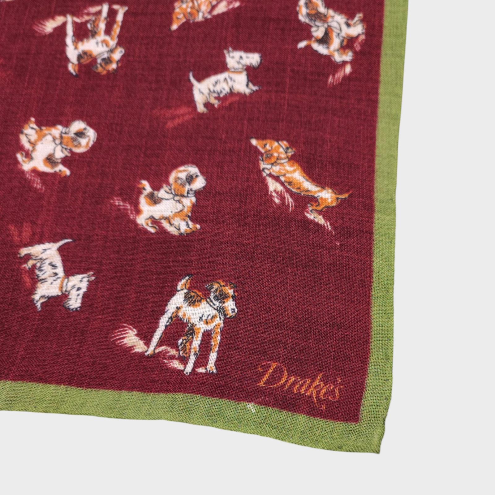 DRAKE'S Wool/Silk Made in Italy Burgundy Dog Print Pocket Square