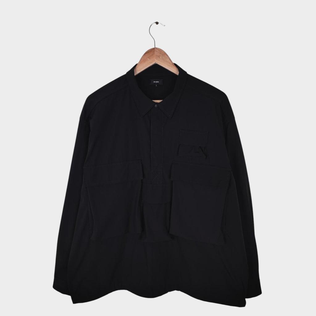 BEAMS Men's Black Oversized Fit Utility Pullover Action Overshirt