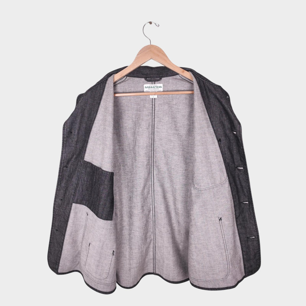 SASSAFRAS Men's Made in Japan Grey Denim Sprayer Chore Jacket