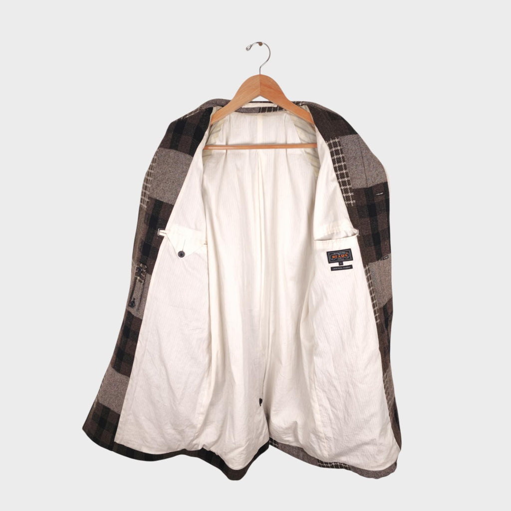 BEAMS PLUS Men's Khaki/Brown 100% Wool Patchwork Coat