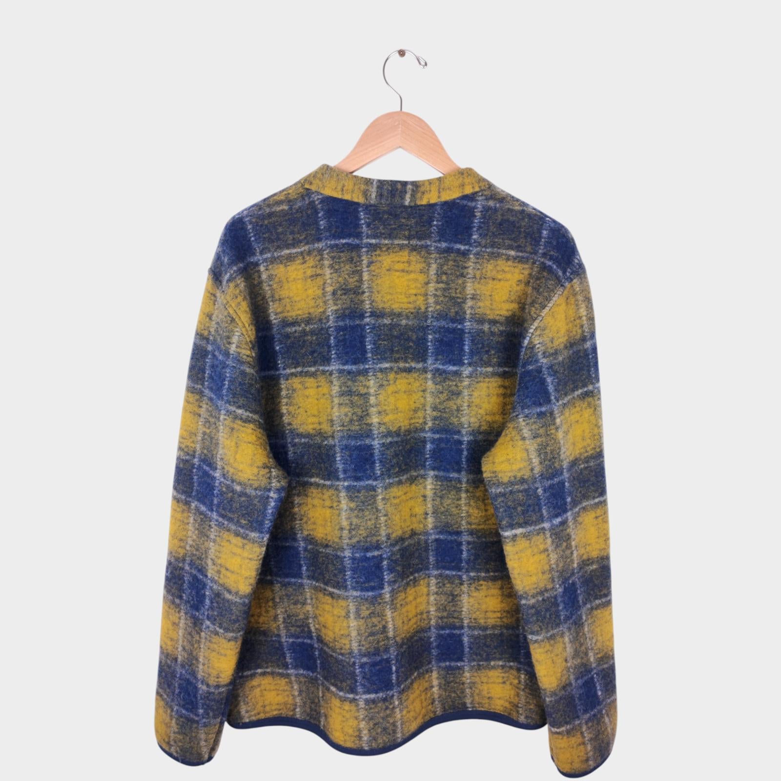 UNIVERSAL WORKS Men's Blue/Yellow Checked Wool Fleece Cardigan
