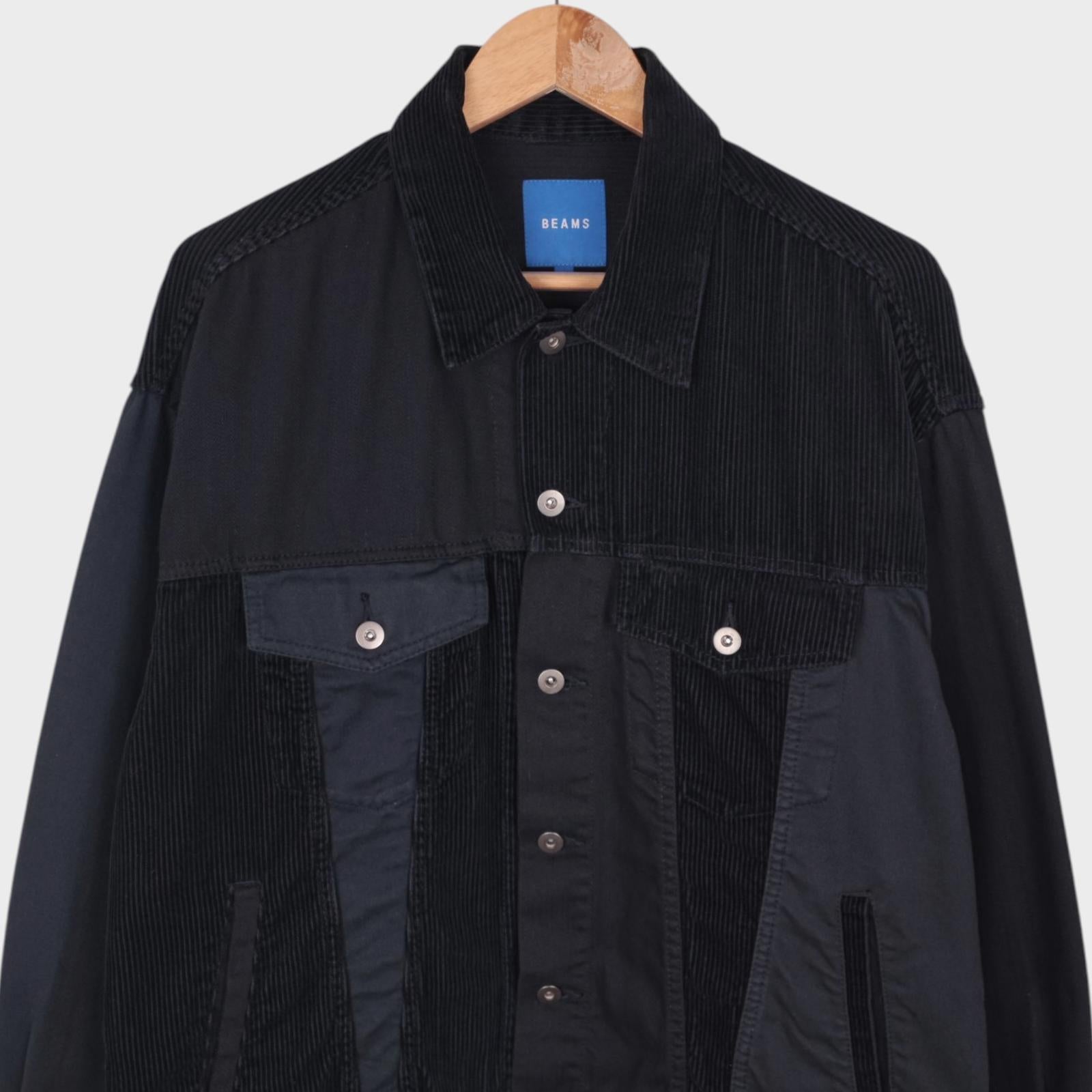 BEAMS Men's Black Corduroy Patchwork Trucker Jacket