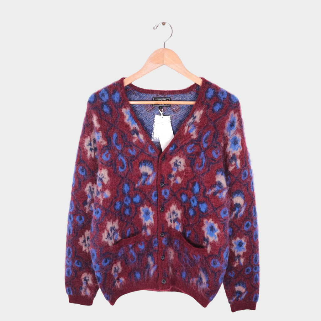 BEAMS PLUS Men's Mohair Blend Shaggy Grunge Botanical Jacquard Cardigan