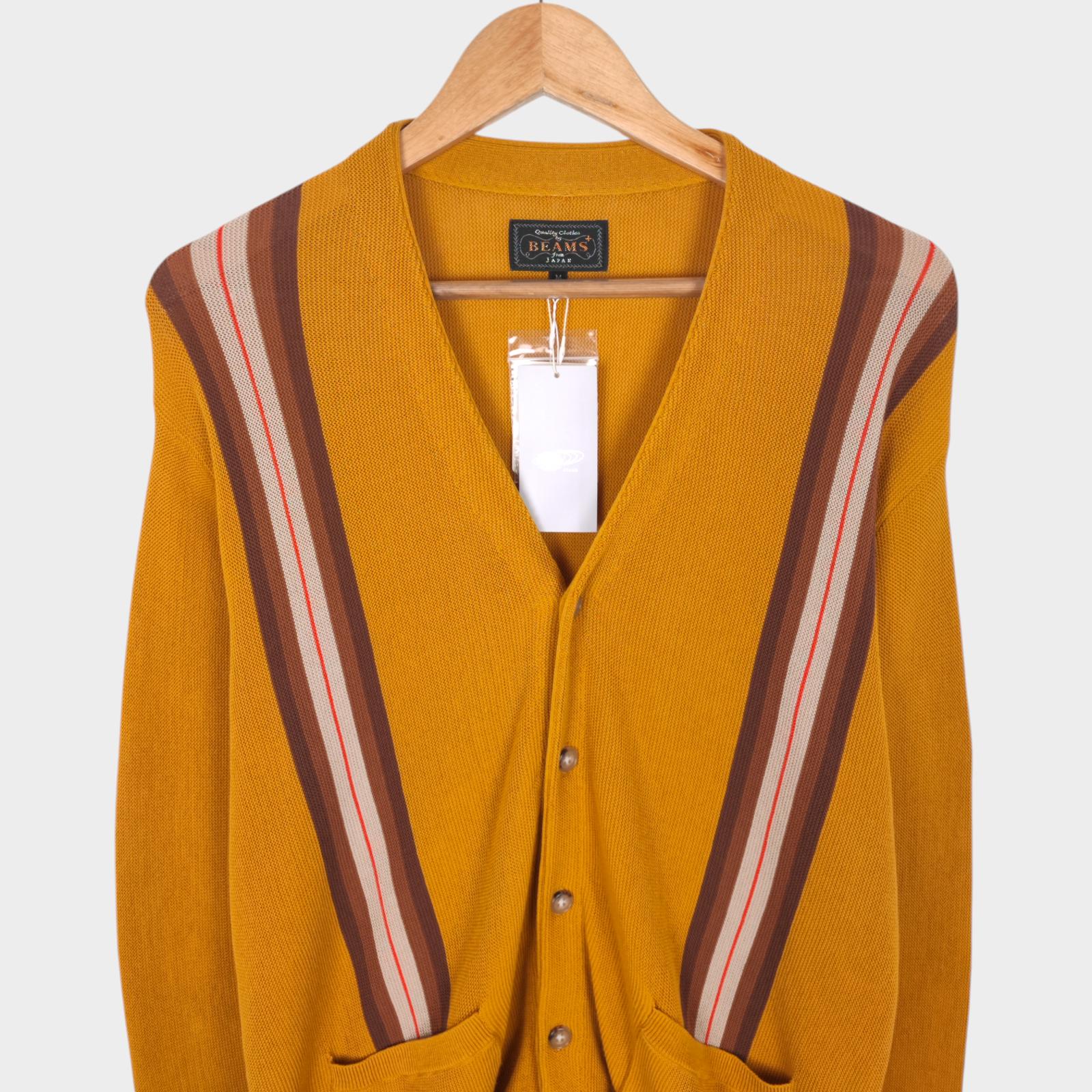 BEAMS PLUS Men's Yellow Jacquard Stripe Cotton Knitted Cardigan