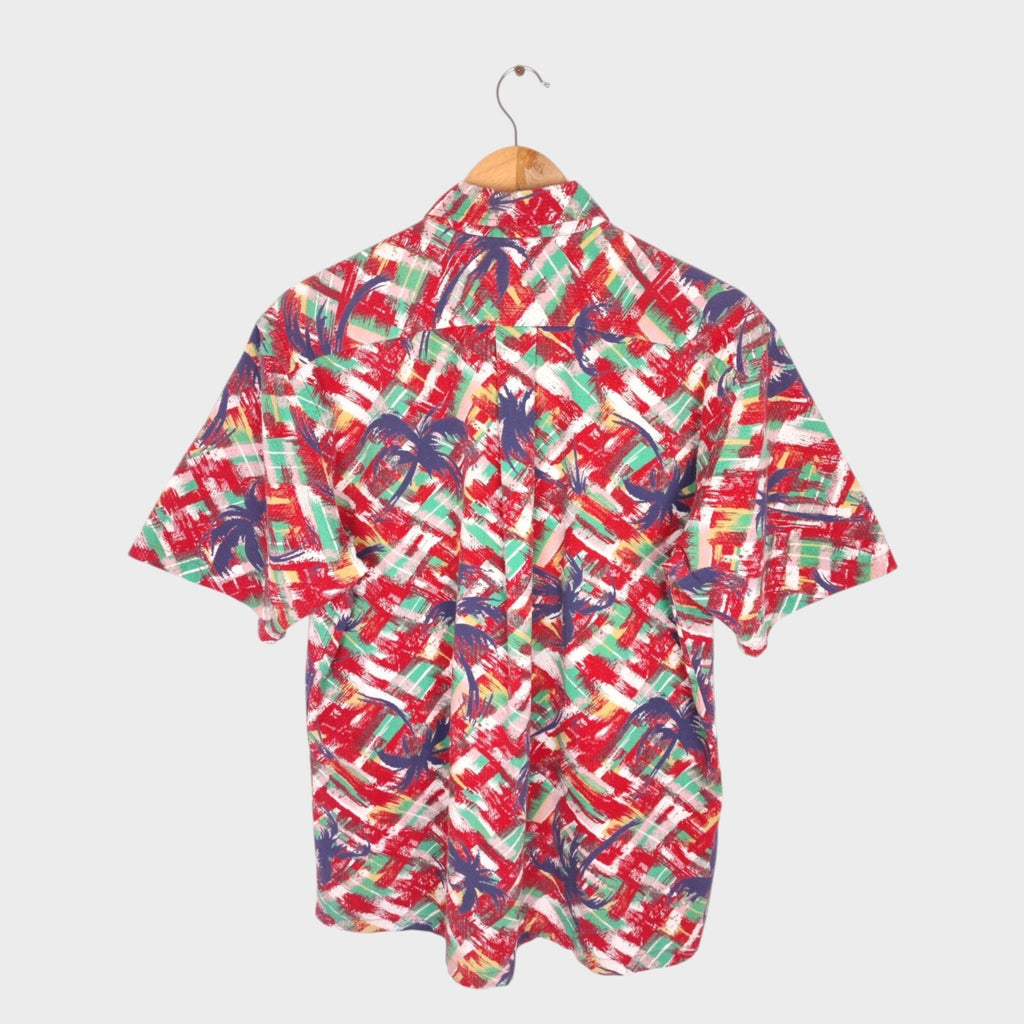SUN SURF Men's Multicoloured Palm Tree Print Seersucker Half Placket Shirt