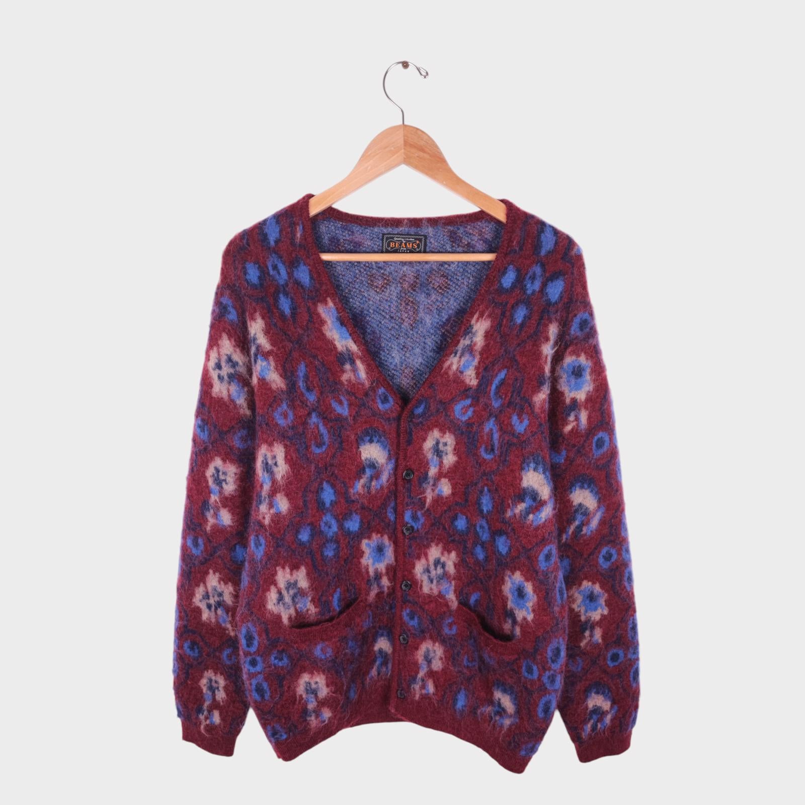 BEAMS PLUS Men's Mohair Blend Shaggy Grunge Botanical Jacquard Cardigan