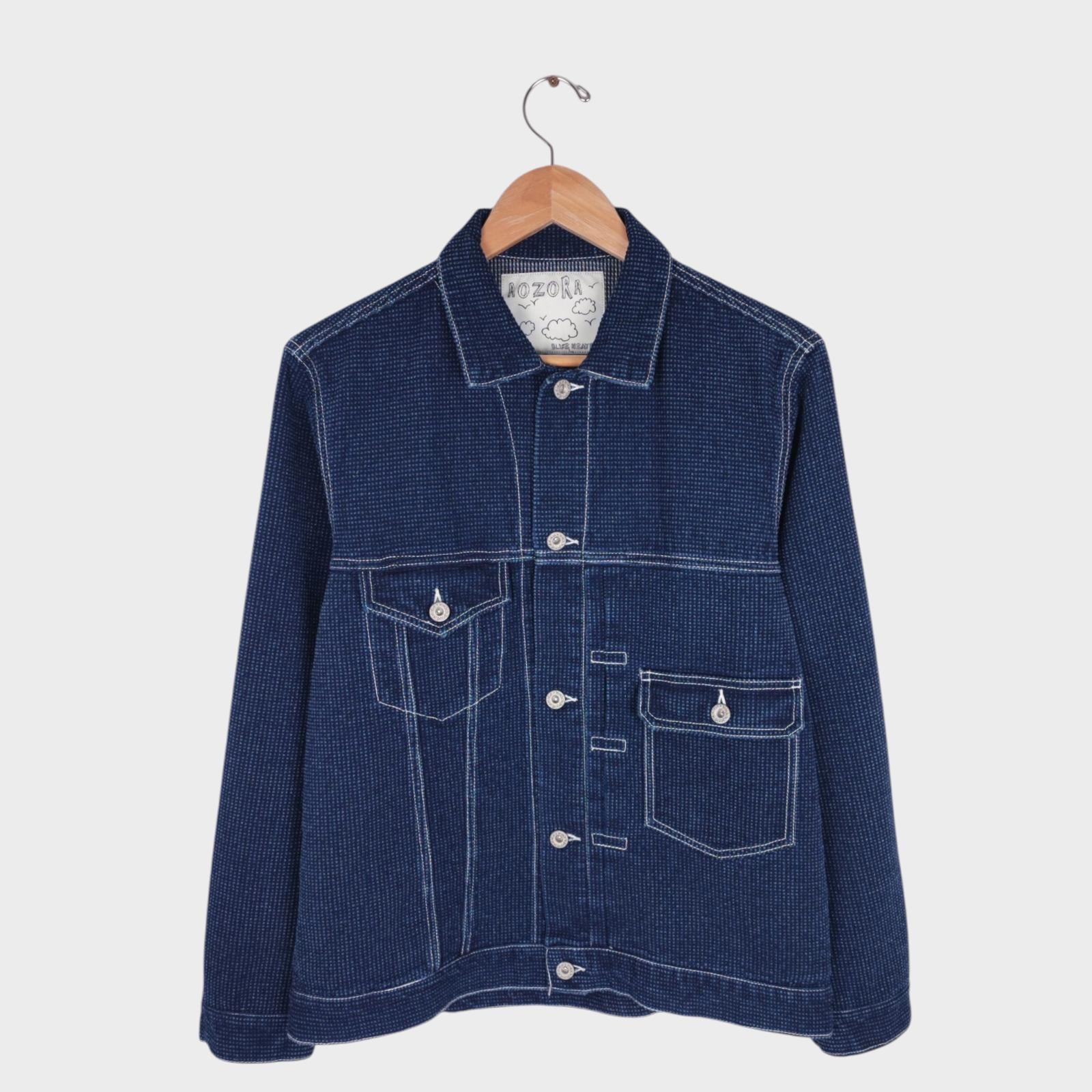 AOZORA BLUE HEAVEN Men's Blue Japanese Sashiko Weave Trucker Jacket