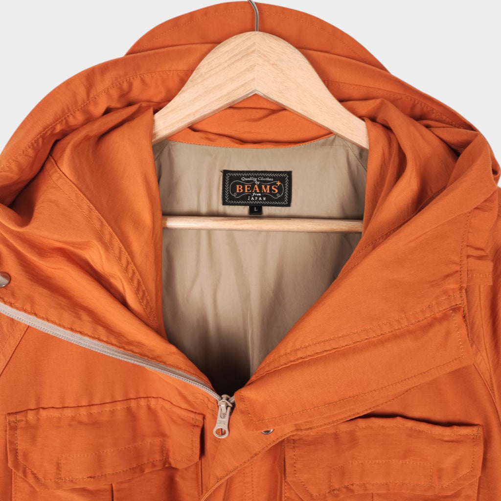 BEAMS PLUS Men's Orange 60/40 Cotton Blend Hooded Mountain Parka Jacket