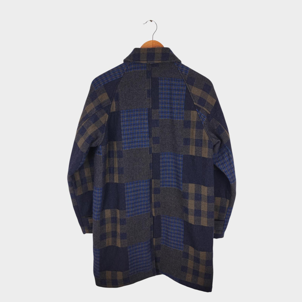 BEAMS PLUS Men's Navy Blue 100% Wool Patchwork Coat