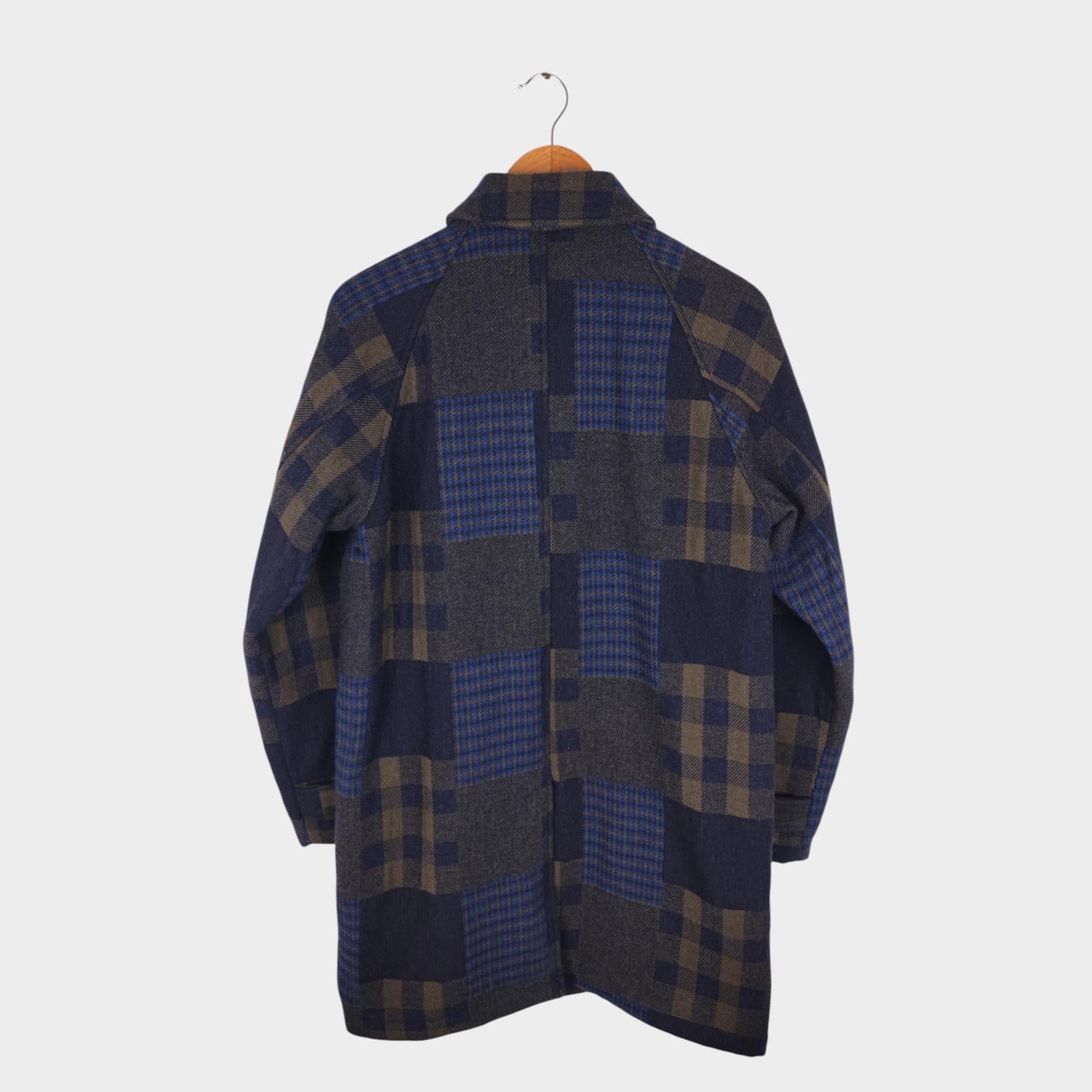 BEAMS PLUS Men's Navy Blue 100% Wool Patchwork Coat