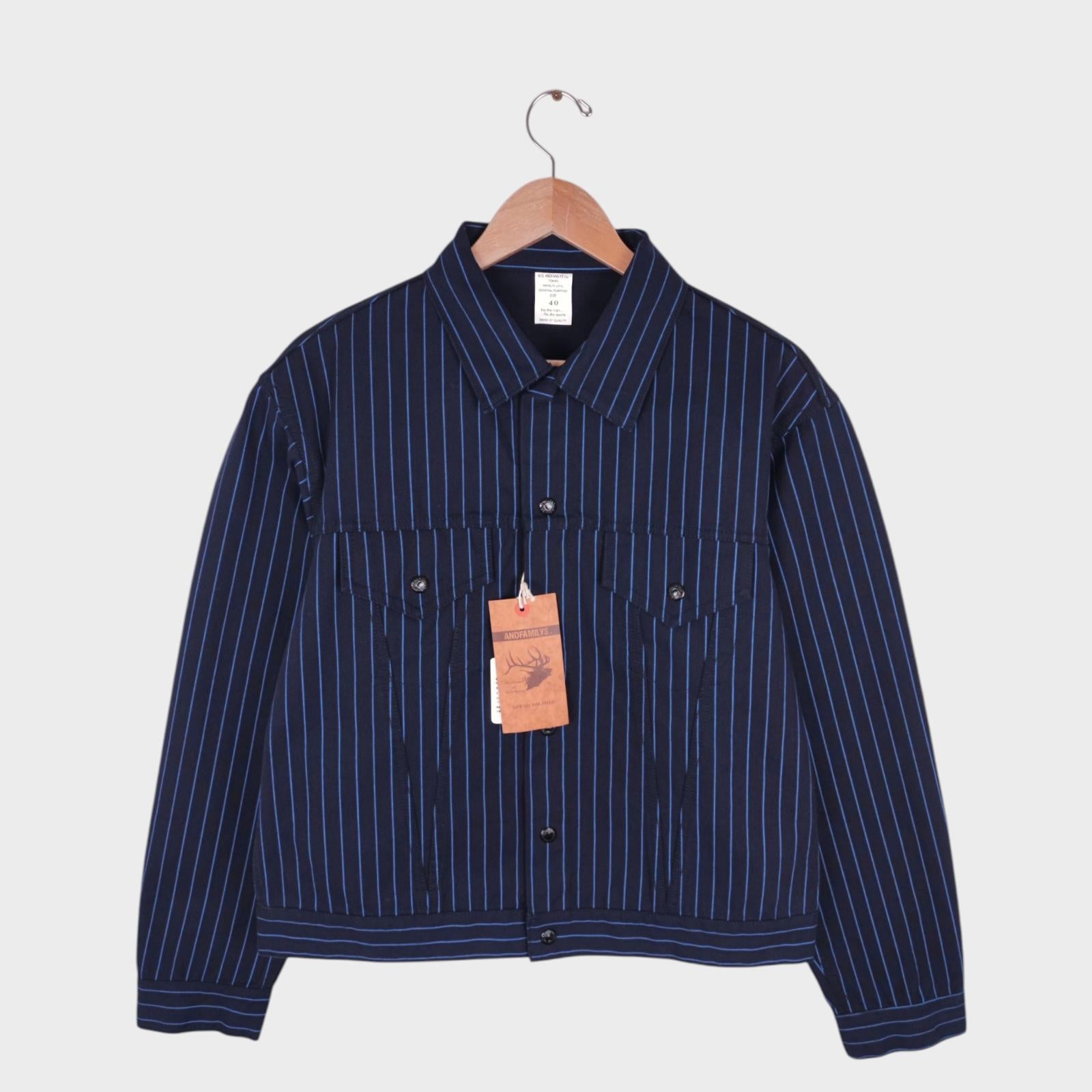 ANDFAMILYS CO KYOTO Men's Made in Japan Navy Blue Striped Cropped Fitted Trucker Jacket