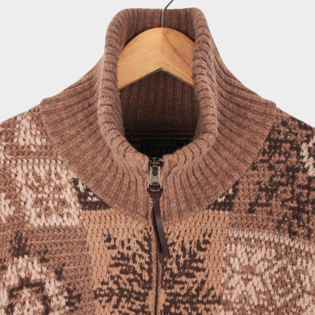 BEAMS PLUS Men's Beige 100% Heavyweight Wool Jacquard Patchwork Jacket