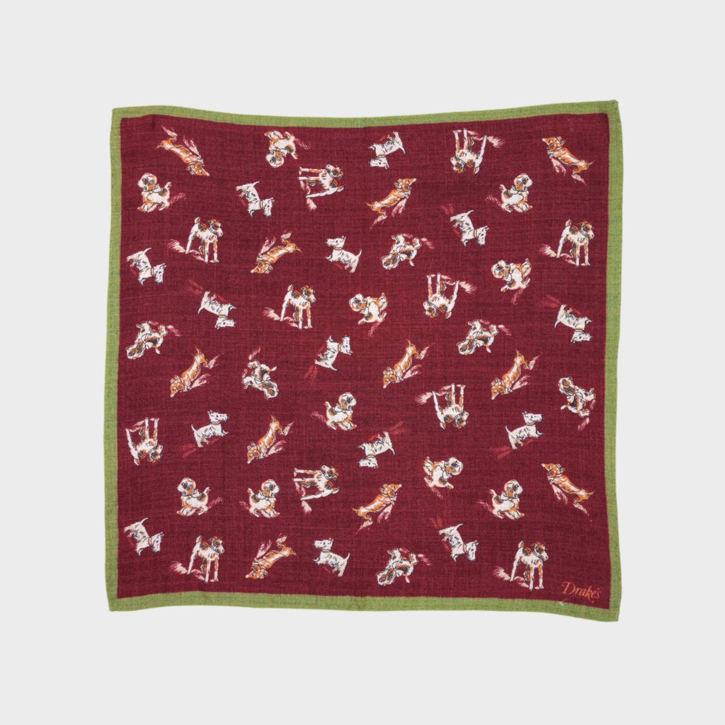 DRAKE'S Wool/Silk Made in Italy Burgundy Dog Print Pocket Square