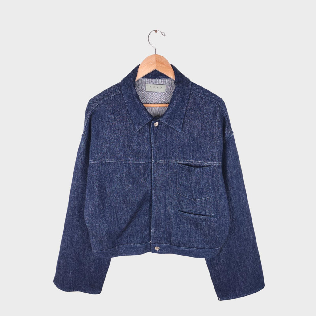 KURO Men's Blue Made in Japan Cropped Boxy Fit Raw Oversized Sleeve Denim Jacket