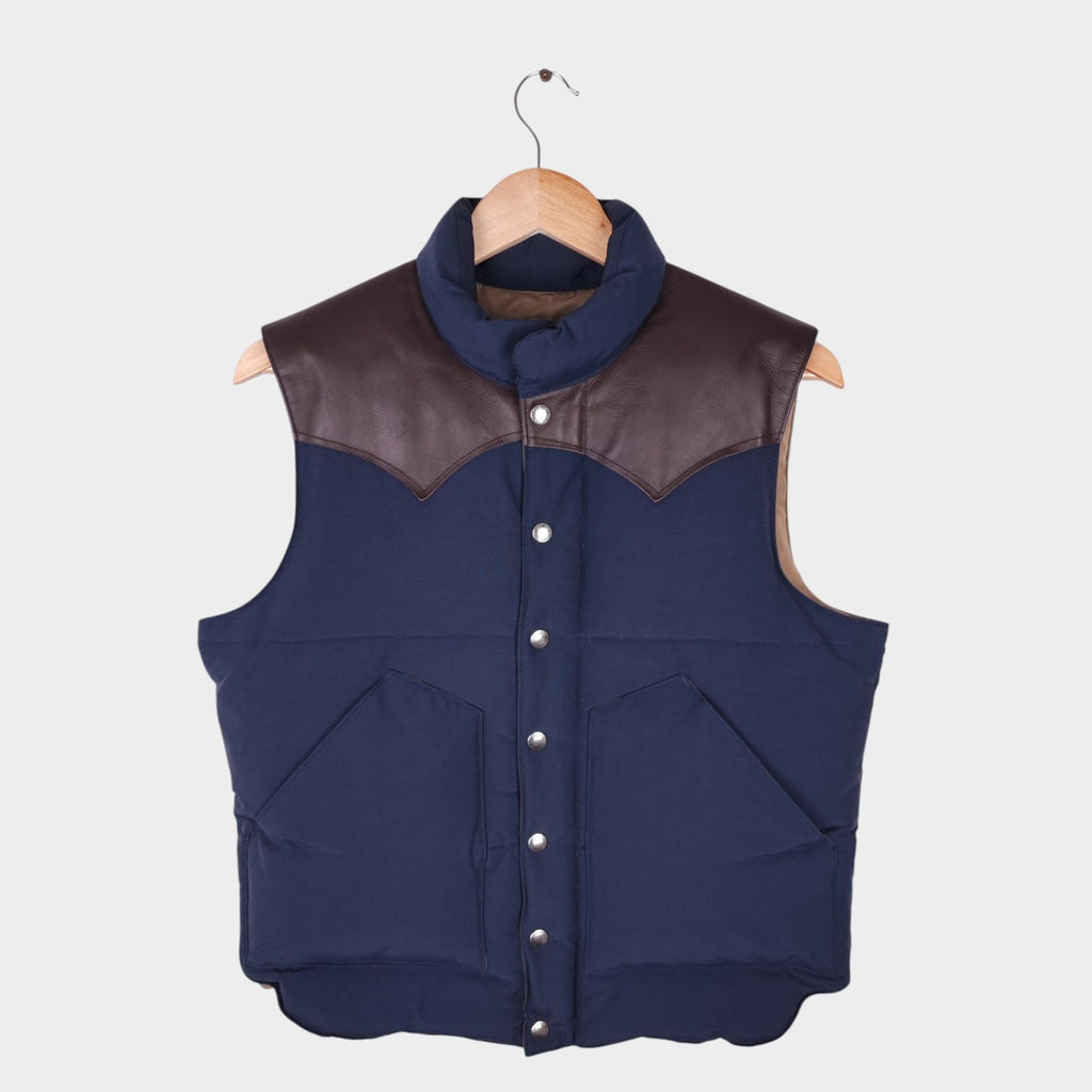 SUGAR CANE Men's Navy Cotton/Nylon Leather Yoke Down Vest Gilet