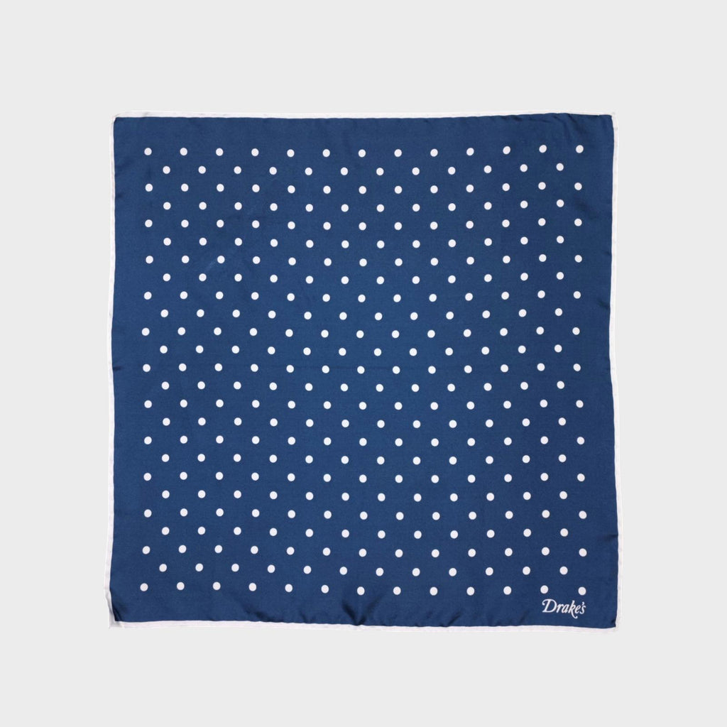 DRAKE'S 100% Silk Navy Made in Italy Polka Dot Print Pocket Square