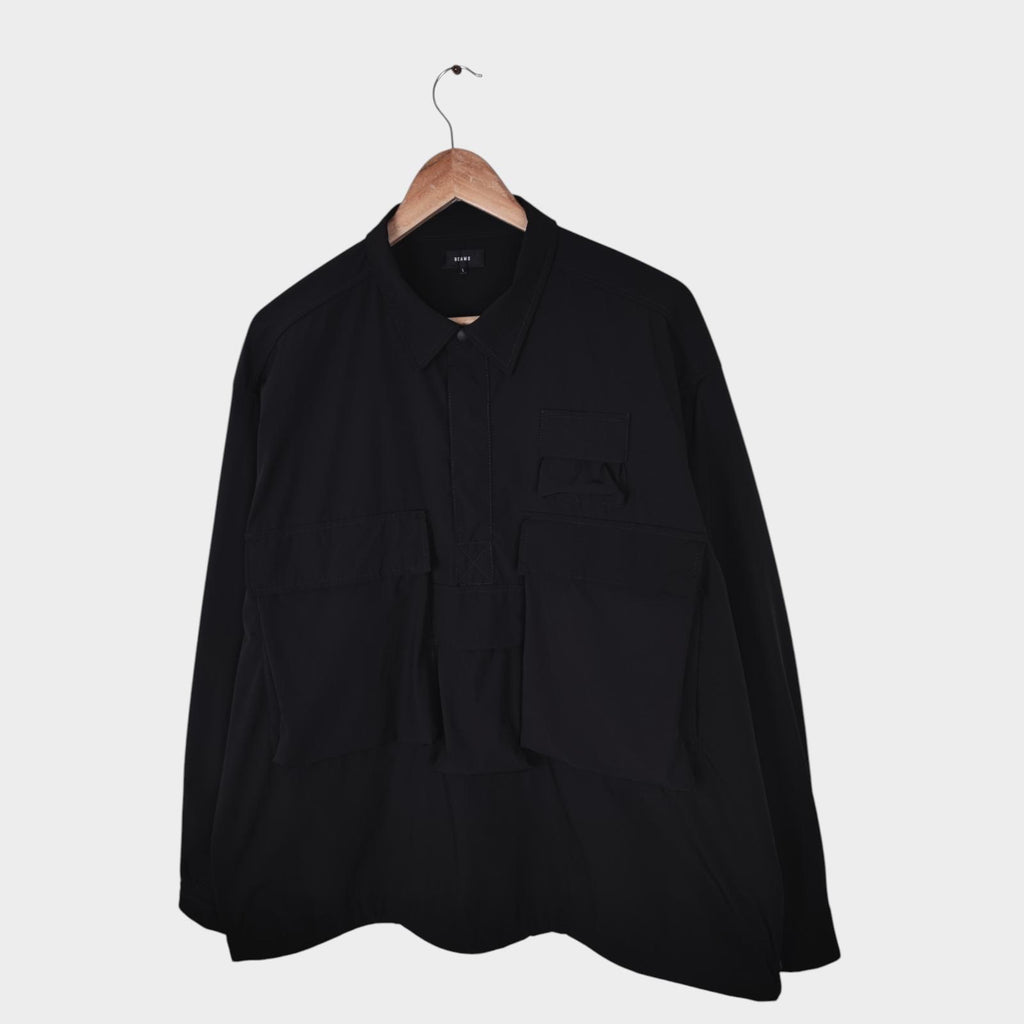 BEAMS Men's Black Oversized Fit Utility Pullover Action Overshirt